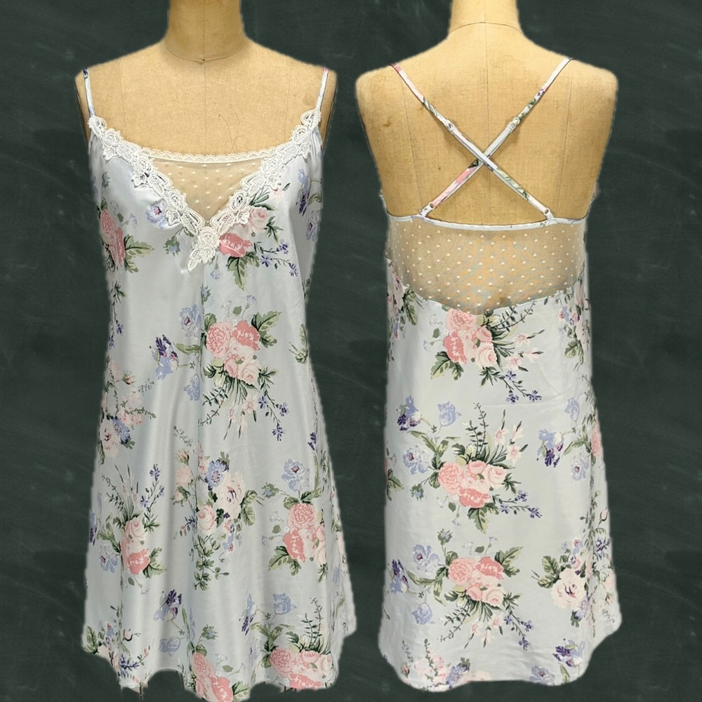 Victorian rose garden silky lace nightgown slip floral pastel‎ dress plus size
